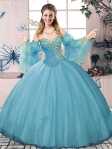 Noble Blue Tulle Lace Up Sweetheart Long Sleeves Sweet 16 Dress Beading and Ruching