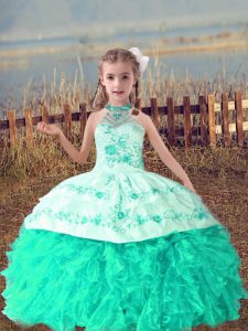 Amazing Turquoise Ball Gowns Beading and Embroidery and Ruffles Girls Pageant Dresses Lace Up Organza Sleeveless Floor Length