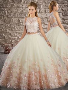 Enchanting Floor Length Pink And White Sweet 16 Quinceanera Dress Scalloped Sleeveless Backless
