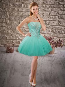 On Sale Turquoise Ball Gowns Tulle Strapless Sleeveless Beading Mini Length Lace Up Evening Dress
