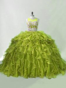Eye-catching Zipper Ball Gown Prom Dress Olive Green for Sweet 16 and Quinceanera with Beading and Ruffles Brush Train