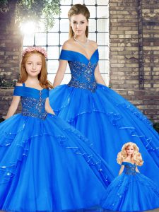 Royal Blue Tulle Lace Up Sweet 16 Dresses Sleeveless Floor Length Beading and Ruffles