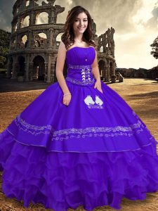 Latest Purple Satin and Organza Lace Up 15th Birthday Dress Sleeveless Floor Length Embroidery and Ruffles
