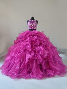 Ideal Fuchsia Sleeveless Brush Train Beading and Ruffles Quinceanera Gown