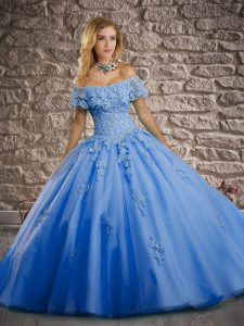 Spectacular Off The Shoulder Short Sleeves Brush Train Lace Up Sweet 16 Dresses Baby Blue Tulle