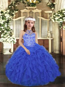 Attractive Floor Length Royal Blue Kids Pageant Dress Scoop Sleeveless Lace Up