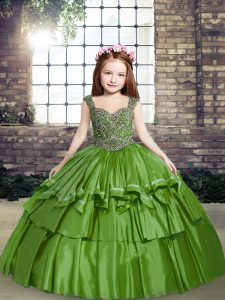 Straps Sleeveless Lace Up Child Pageant Dress Green Taffeta