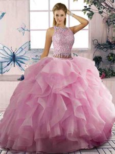 Fine Scoop Sleeveless 15th Birthday Dress Floor Length Beading and Ruffles Pink Tulle