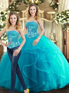 Top Selling Aqua Blue Strapless Neckline Beading and Ruffles Quinceanera Gown Sleeveless Lace Up