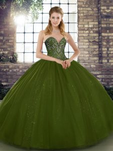 Decent Olive Green Sleeveless Tulle Lace Up Sweet 16 Dress for Military Ball and Sweet 16 and Quinceanera