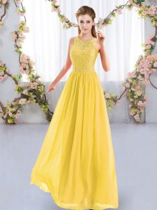 Top Selling Gold Chiffon Zipper Scoop Sleeveless Floor Length Damas Dress Lace
