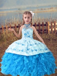 Halter Top Sleeveless Girls Pageant Dresses Floor Length Beading and Embroidery and Ruffles Baby Blue Organza