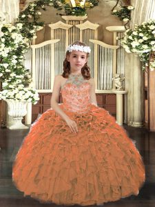 Excellent Floor Length Orange Child Pageant Dress Halter Top Sleeveless Lace Up
