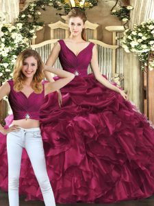 Burgundy Sleeveless Floor Length Pick Ups Backless Ball Gown Prom Dress