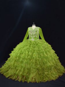 Popular Floor Length Ball Gowns Long Sleeves Olive Green Quinceanera Dresses Lace Up