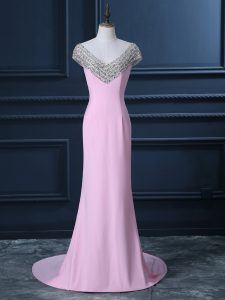 Beading Prom Gown Pink Side Zipper Cap Sleeves Court Train