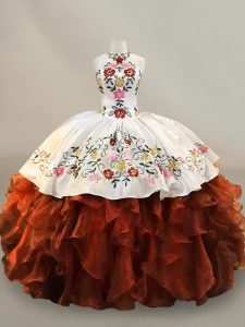 Wonderful Halter Top Sleeveless Organza Ball Gown Prom Dress Embroidery and Ruffles Lace Up
