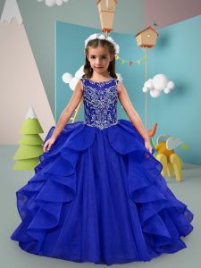 Sleeveless Sweep Train Beading and Ruffles Lace Up Little Girls Pageant Dress