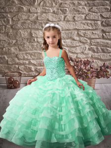 Discount Sleeveless Beading and Ruffled Layers Lace Up Little Girl Pageant Gowns with Apple Green Brush Train