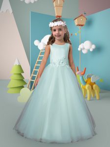 Apple Green A-line Tulle Scoop Sleeveless Appliques Floor Length Lace Up Flower Girl Dress