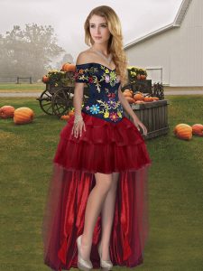 Stylish High Low Wine Red Prom Dresses Off The Shoulder Sleeveless Lace Up