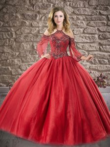 Floor Length Ball Gowns 3 4 Length Sleeve Red Quinceanera Gown Zipper