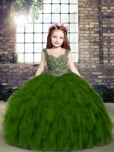 Olive Green Lace Up Little Girls Pageant Gowns Beading and Ruffles Sleeveless Floor Length
