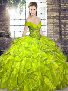 Enchanting Sleeveless Floor Length Beading and Ruffles Lace Up 15 Quinceanera Dress with Olive Green
