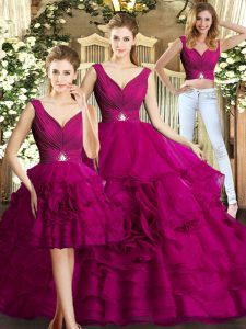 Floor Length Fuchsia 15 Quinceanera Dress V-neck Sleeveless Backless