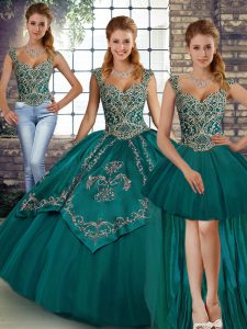 Customized Teal Three Pieces Tulle Straps Sleeveless Beading and Embroidery Floor Length Lace Up Quinceanera Dress