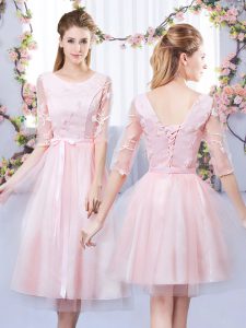 Cute Baby Pink Scoop Neckline Lace and Belt Bridesmaid Dress Half Sleeves Lace Up