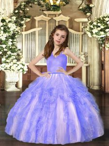 Perfect Lavender Tulle Lace Up Girls Pageant Dresses Sleeveless Floor Length Ruffles