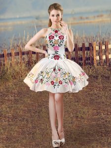 White Ball Gowns Embroidery Club Wear Lace Up Satin Sleeveless Mini Length