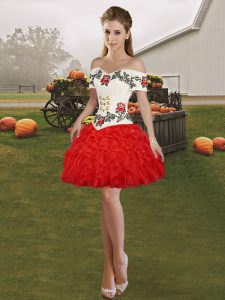 Gorgeous Red Ball Gowns Organza Off The Shoulder Sleeveless Embroidery and Ruffles Mini Length Lace Up Prom Party Dress