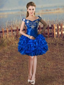 Wonderful Knee Length Royal Blue Prom Gown Off The Shoulder Sleeveless Lace Up
