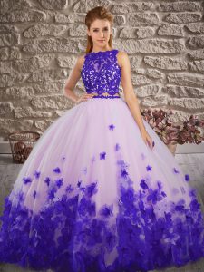 Glittering White And Purple Vestidos de Quinceanera Military Ball and Sweet 16 and Quinceanera with Lace and Appliques Scalloped Sleeveless Backless
