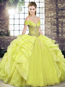 Inexpensive Yellow Lace Up Quince Ball Gowns Beading and Ruffles Sleeveless Floor Length