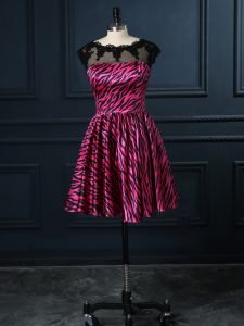 Hot Pink Backless Scoop Lace Evening Dress Printed Cap Sleeves