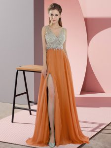 Elegant Orange Zipper V-neck Beading Prom Gown Chiffon Sleeveless Sweep Train