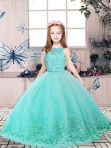 Lace and Appliques Kids Formal Wear Aqua Blue Backless Sleeveless Floor Length
