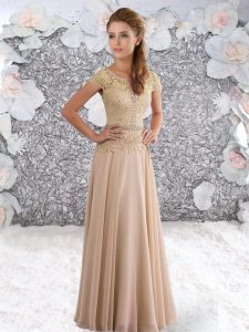 Luxurious Chiffon Scoop Short Sleeves Zipper Beading and Lace Mother Of The Bride Dress in Champagne