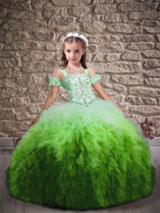 Beading and Ruffles Kids Formal Wear Multi-color Lace Up Sleeveless Sweep Train