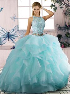 Unique Aqua Blue Quince Ball Gowns Sweet 16 with Beading and Ruffles Scoop Sleeveless Zipper
