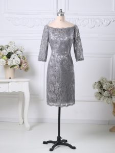 Popular Grey Evening Dress Prom and Party and Military Ball with Lace Scoop Half Sleeves Zipper