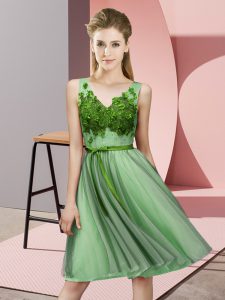 Designer Sleeveless Tulle Knee Length Lace Up Dama Dress for Quinceanera in Apple Green with Appliques