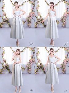 Silver Sleeveless Satin Lace Up Quinceanera Dama Dress for Wedding Party