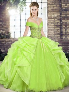 Organza Off The Shoulder Sleeveless Lace Up Beading and Ruffles 15th Birthday Dress in Yellow Green