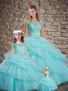 Aqua Blue Ball Gowns Organza Off The Shoulder Cap Sleeves Beading and Pick Ups Lace Up Sweet 16 Dress Brush Train