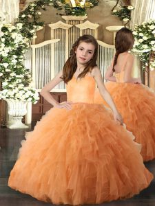 Graceful Straps Sleeveless Child Pageant Dress Floor Length Ruffles Orange Tulle