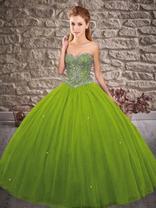 Olive Green Ball Gowns Sweetheart Sleeveless Tulle Floor Length Lace Up Beading Sweet 16 Dresses